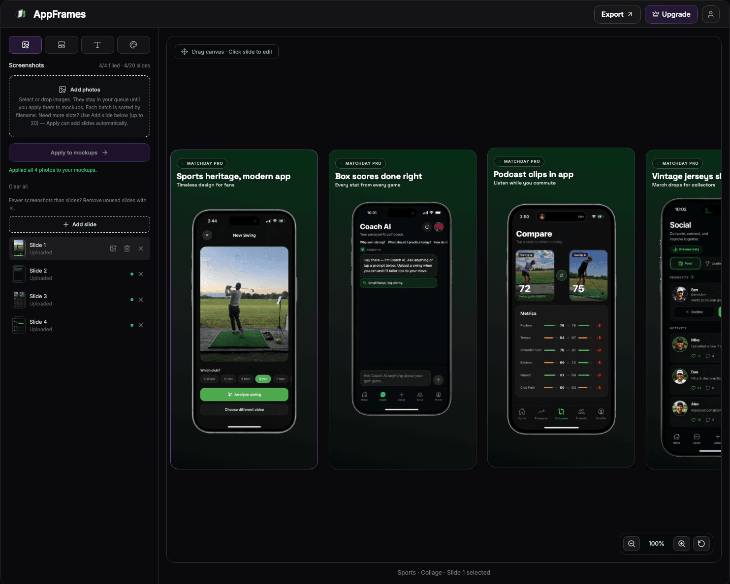 AppFrames screenshot editor with slides and styling controls