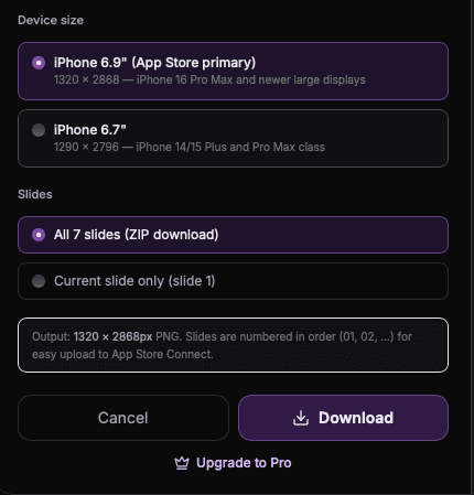 AppFrames export dialog with App Store dimensions and download options