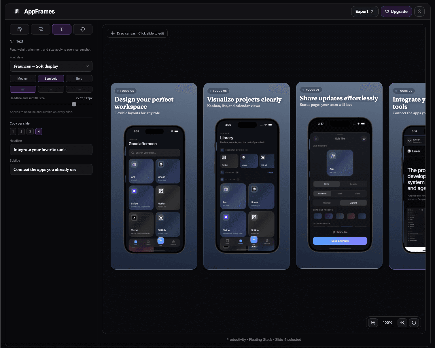 AppFrames editor with App Store screenshot slides
